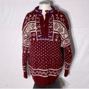 Namaste Woolens Hand Crafted In Nepal Red White Jacquard Knit Sweater L